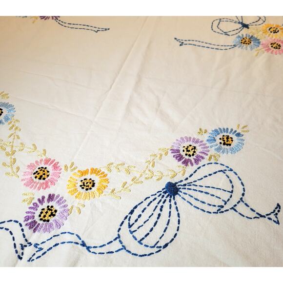 Vintage Handmade Bedspread Embroidered Floral 72x80 Fringe Edges - Picture 7 of 15